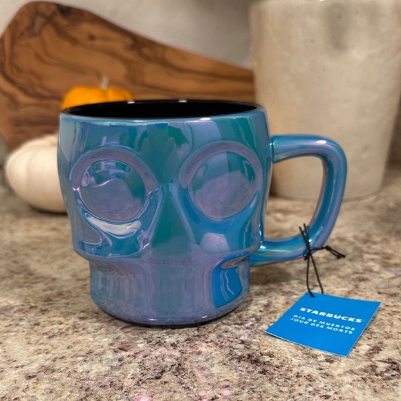Starbucks Halloween 2025 Blue Iridescent Holographic Sugar Skull Ceramic Mug - Picture 1 of 6